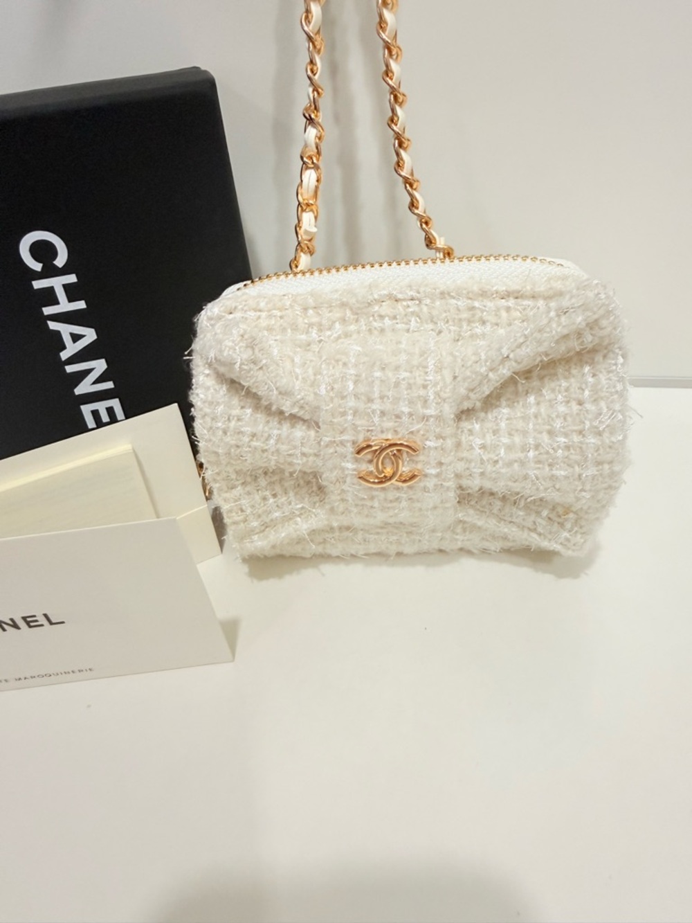 CHANEL Cream Tweed Mini Cosmetic Pouch with Gold Chain Strap